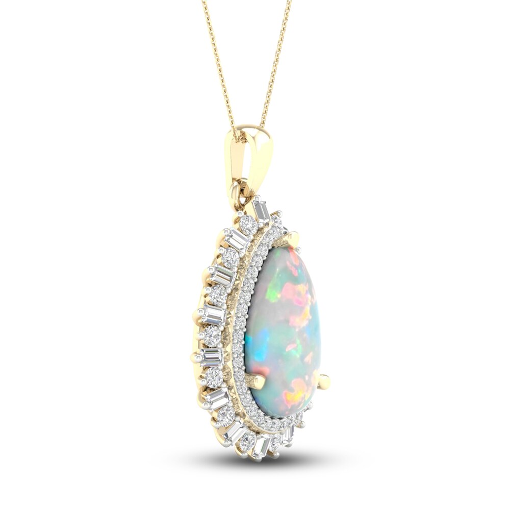 Natural Opal Pendant Necklace 1/2 ct tw Diamonds 10K Yellow Gold 18\" XYrJ8VS4