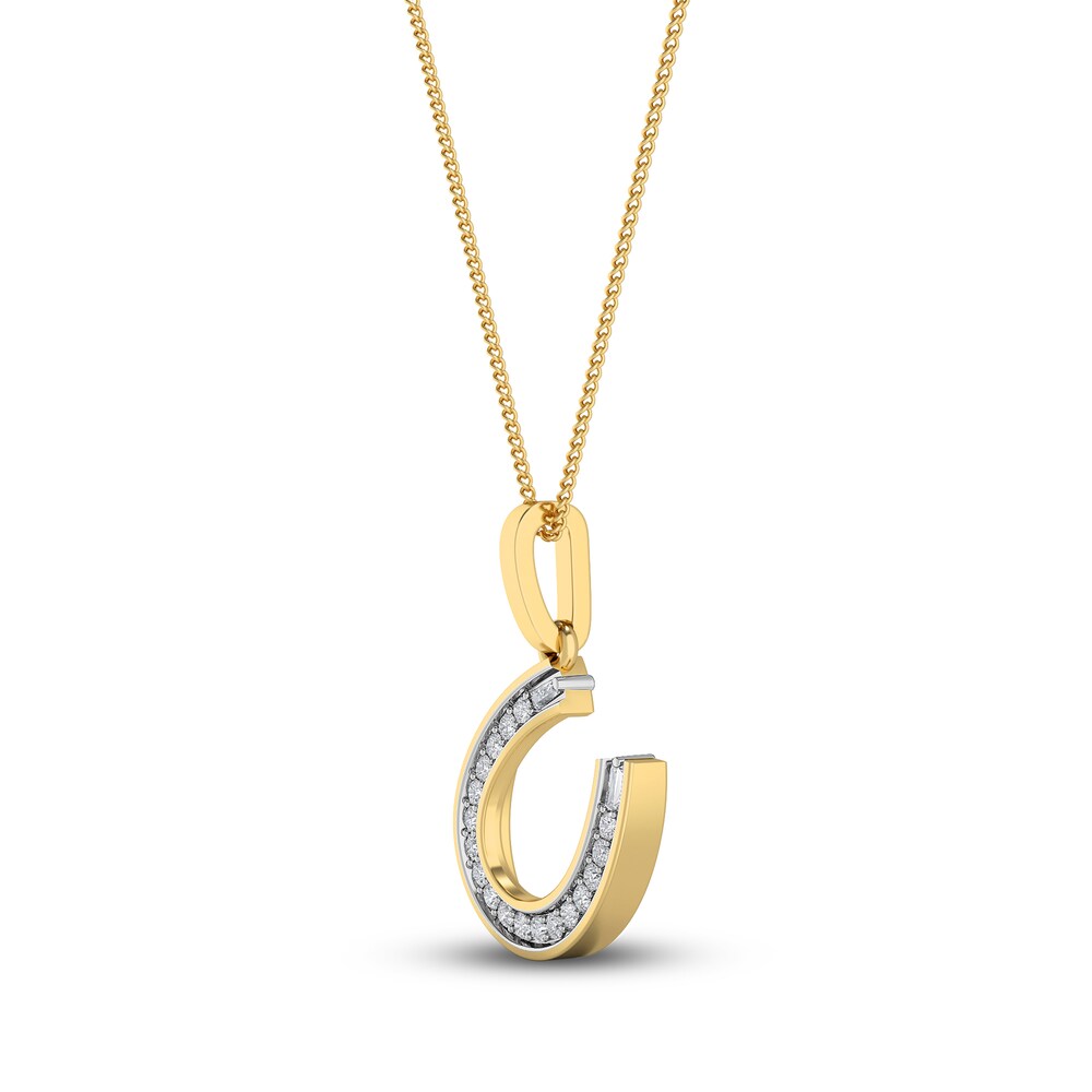 Diamond Horse Shoe Pendant Necklace 1/10 ct tw Round/Baguette 10K Yellow Gold 18\" hHMMV1tf