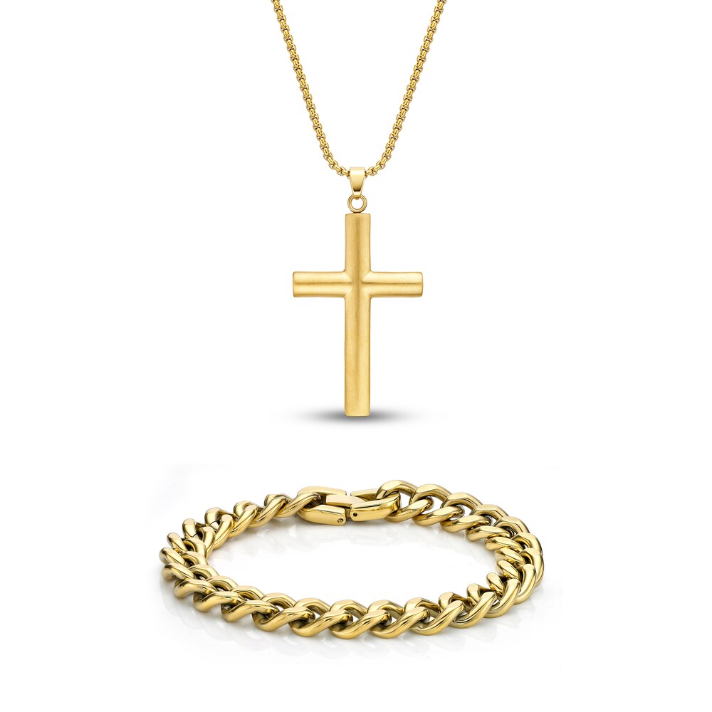 Men\'s Cross Chain Necklace/Bracelet Set Gold Ion-Plated Stainless Steel i8fvtpWT [i8fvtpWT]