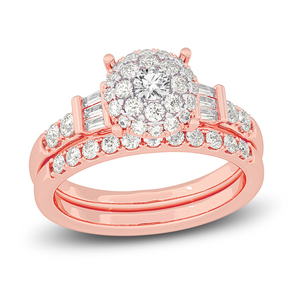 Diamond Halo Bridal Set 1 ct tw Round/Baguette 14K Rose Gold 4vtmbKOP