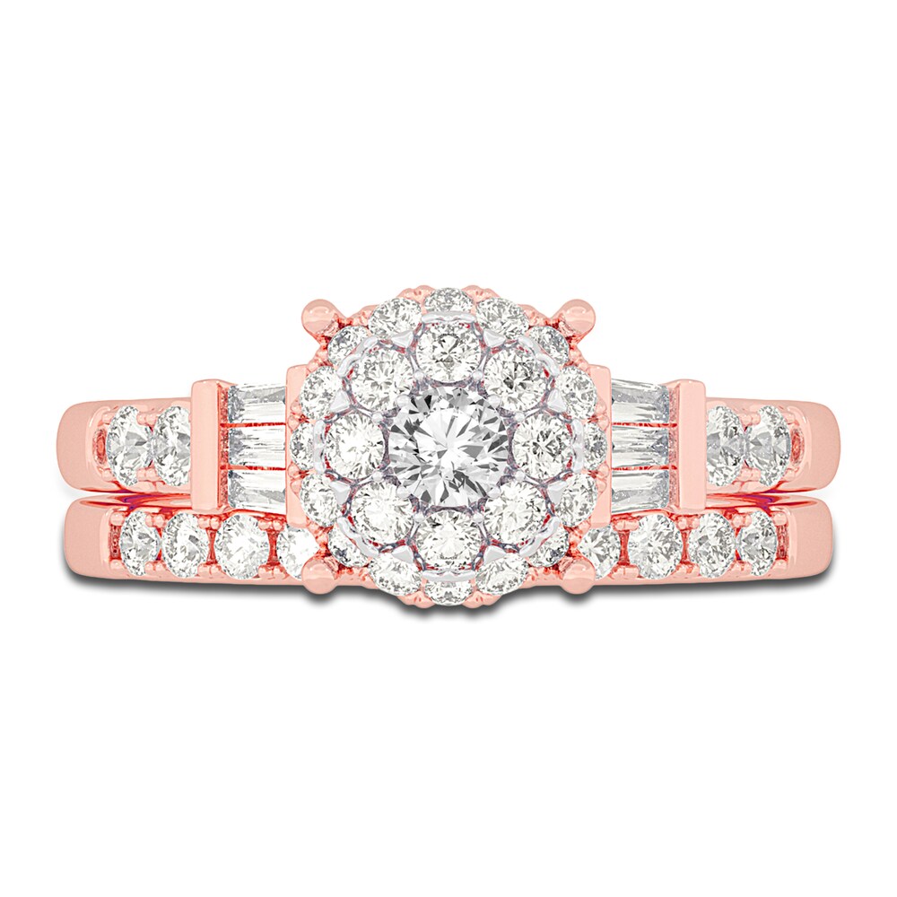 Diamond Halo Bridal Set 1 ct tw Round/Baguette 14K Rose Gold 4vtmbKOP