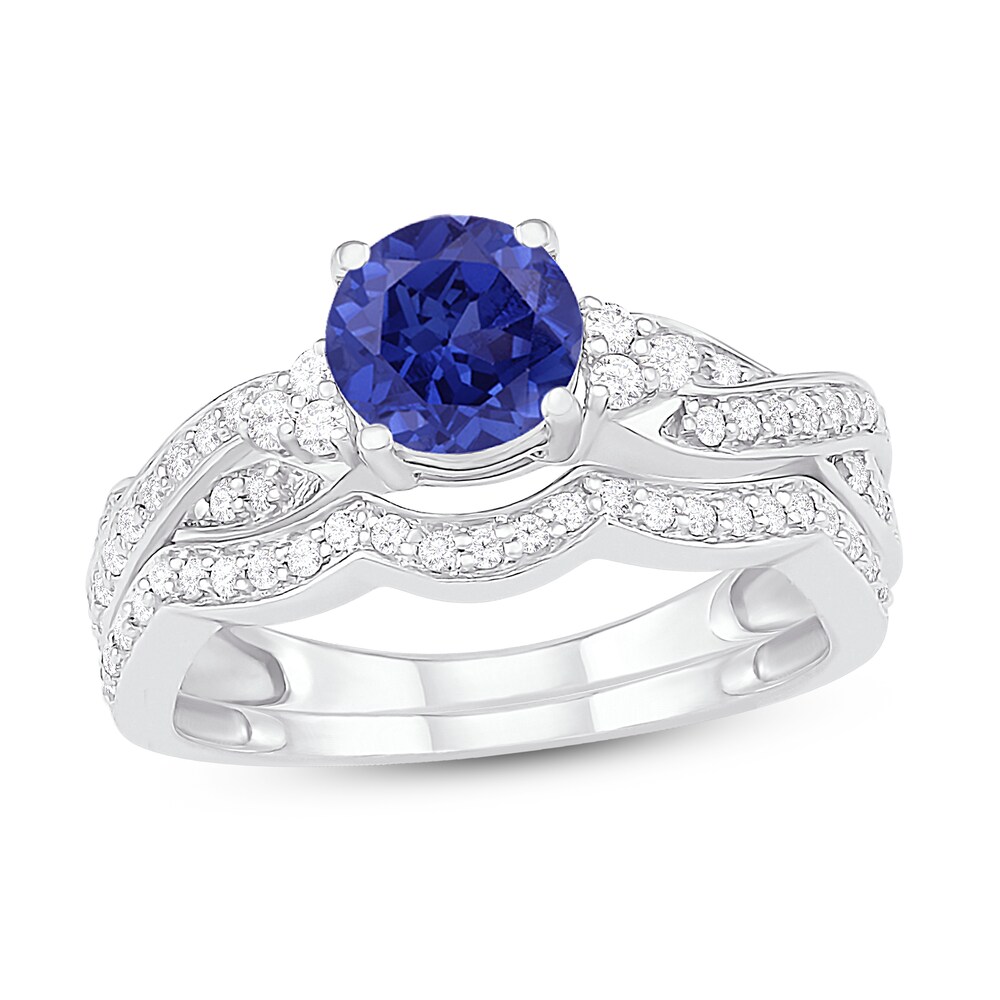 Natural Blue Sapphire Bridal Set 3/8 ct tw Diamonds 14K White Gold Kbl1nXQ0 [Kbl1nXQ0]