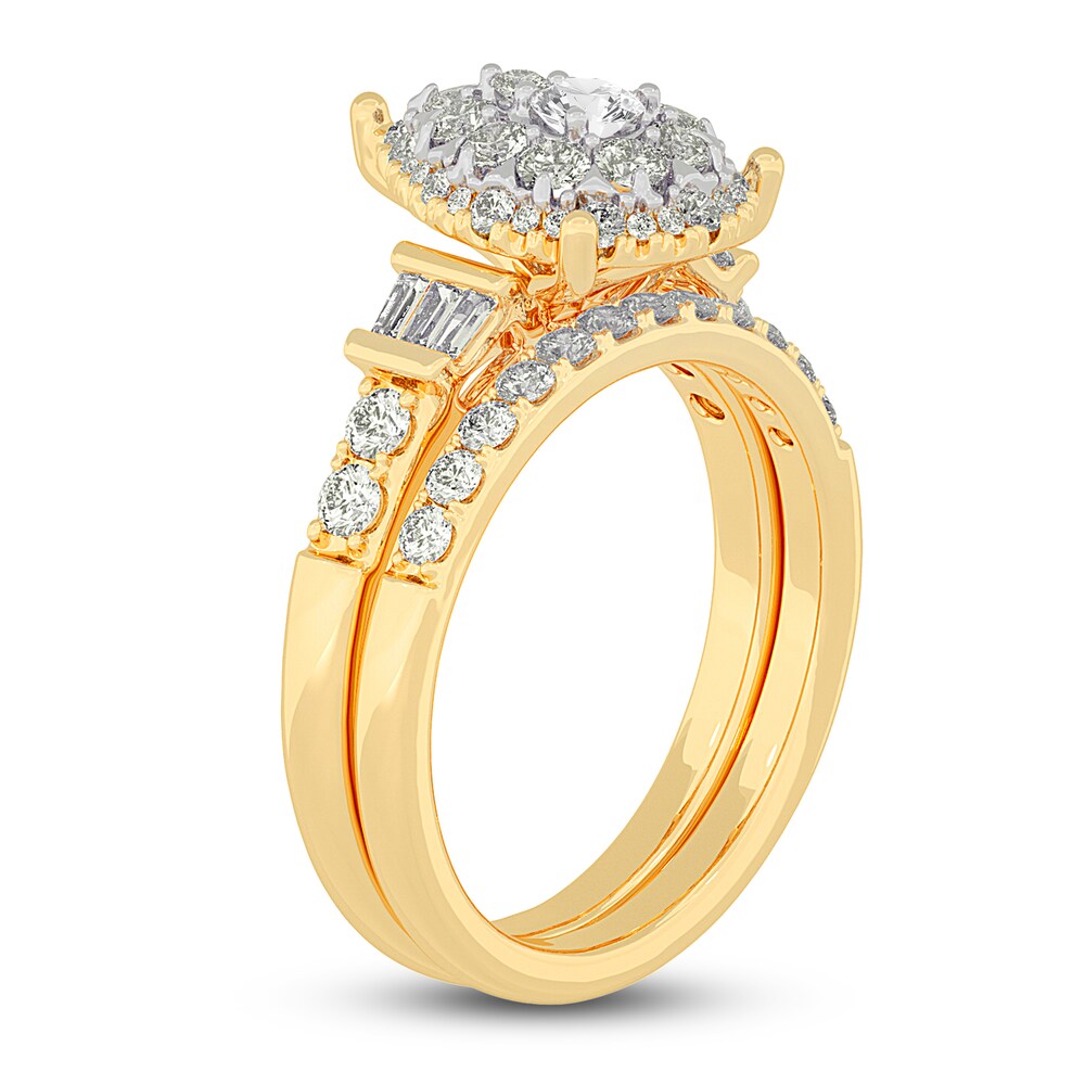 Diamond Halo Bridal Set 1 ct tw Round/Baguette 14K Yellow Gold LwU6Ey1Y