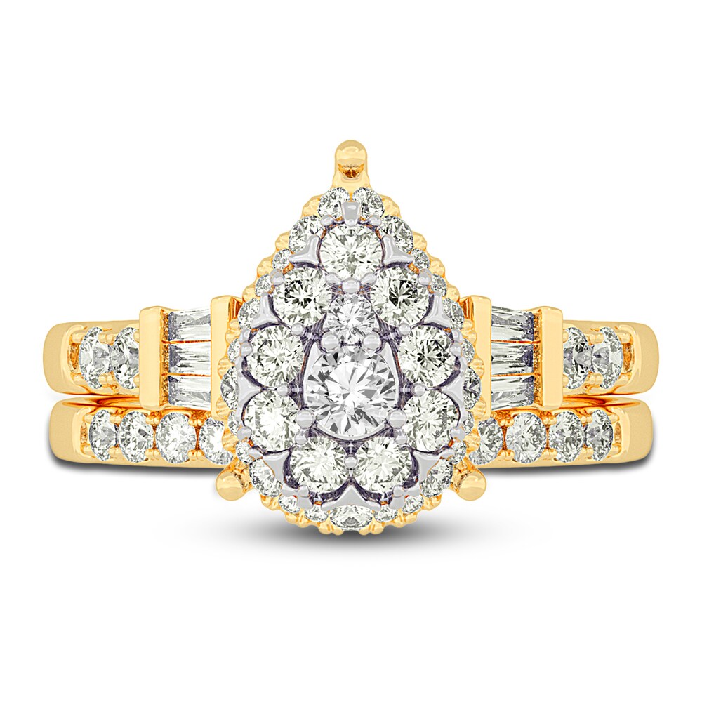 Diamond Halo Bridal Set 1 ct tw Round/Baguette 14K Yellow Gold LwU6Ey1Y