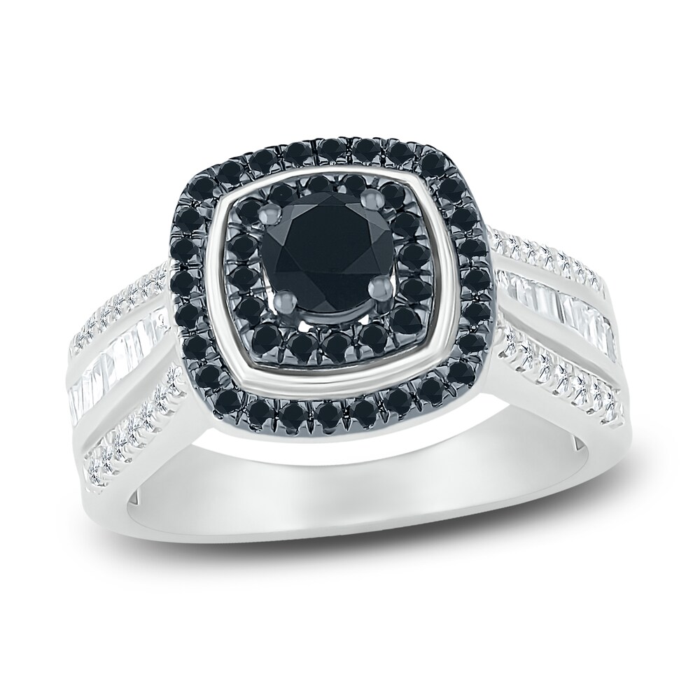 Black Diamond Engagement Ring 1 ct tw Round/Baguette 10K White Gold P0eTFDrN [P0eTFDrN]