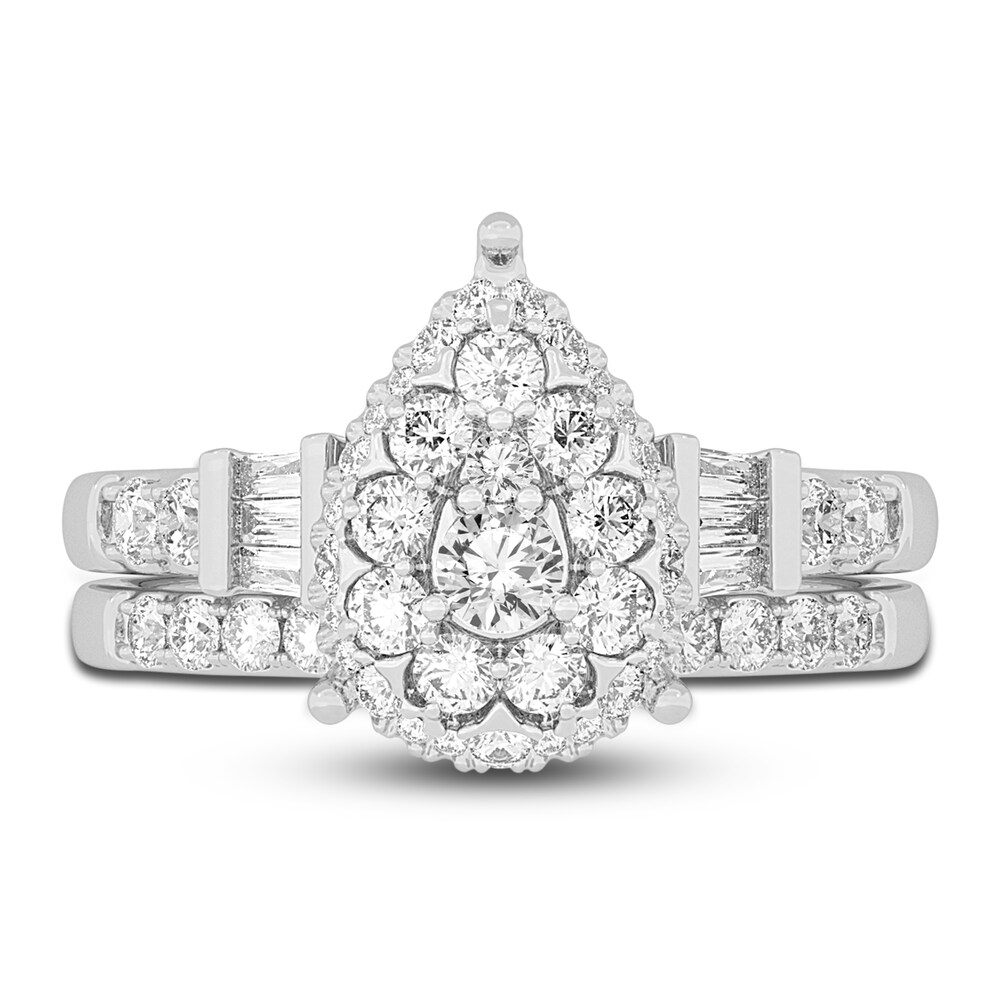 Diamond Halo Bridal Set 1 ct tw Round/Baguette 14K White Gold QJOl5l4j