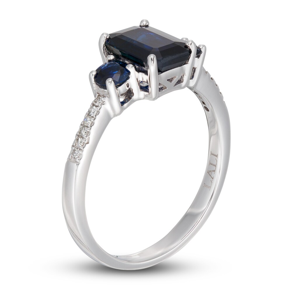 LALI Jewels Natural Blue Sapphire 3-Stone Engagement Ring 1/20 ct tw Diamonds 14K White Gold VjXzYB7m