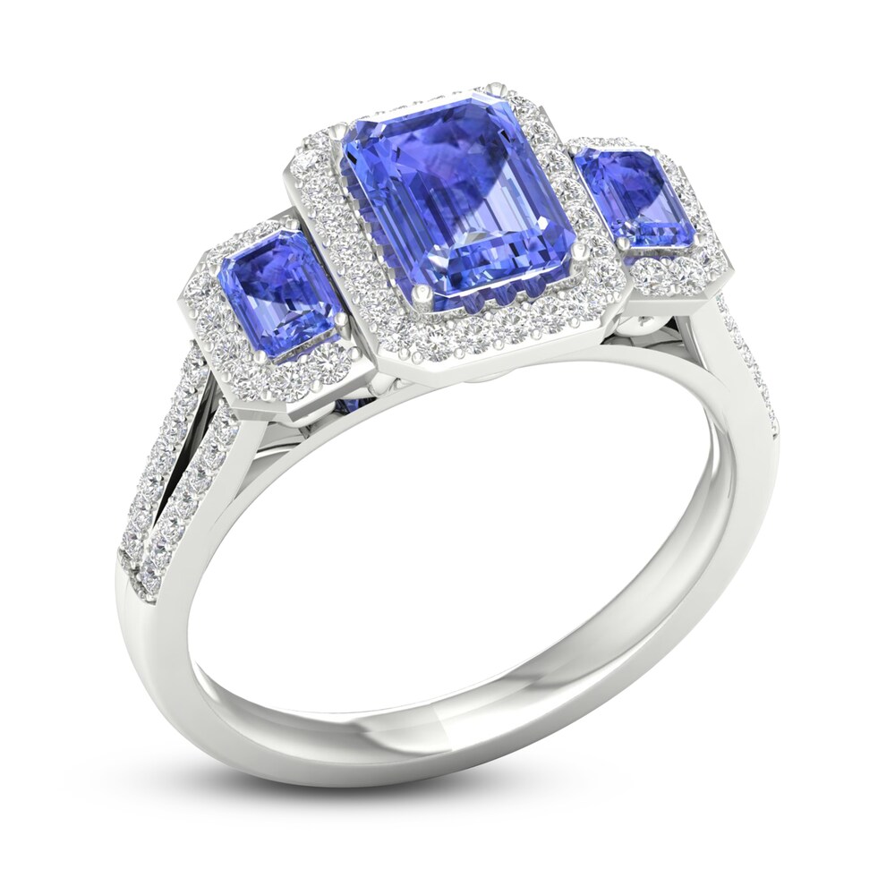 Natural Tanzanite 3-Stone Engagement Ring 1/4 ct tw Round/Emerald 14K White Gold YVXuWxyi