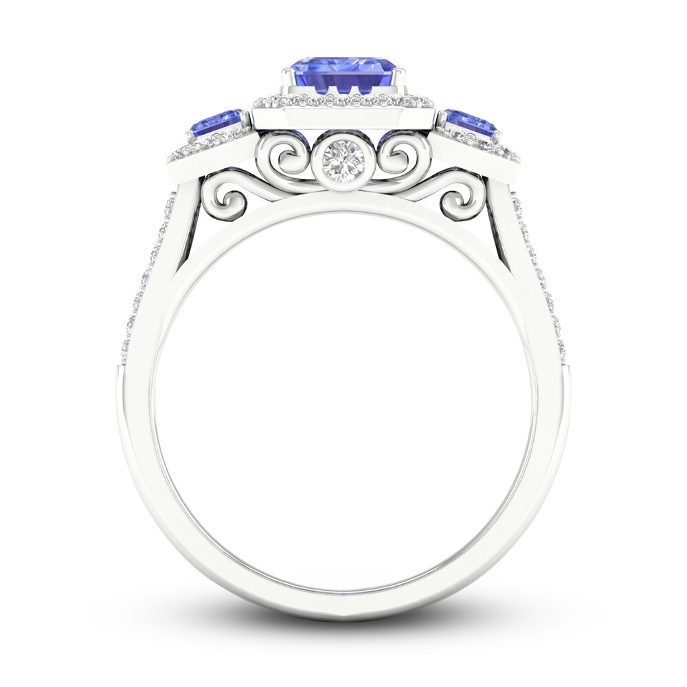 Natural Tanzanite 3-Stone Engagement Ring 1/4 ct tw Round/Emerald 14K White Gold YVXuWxyi