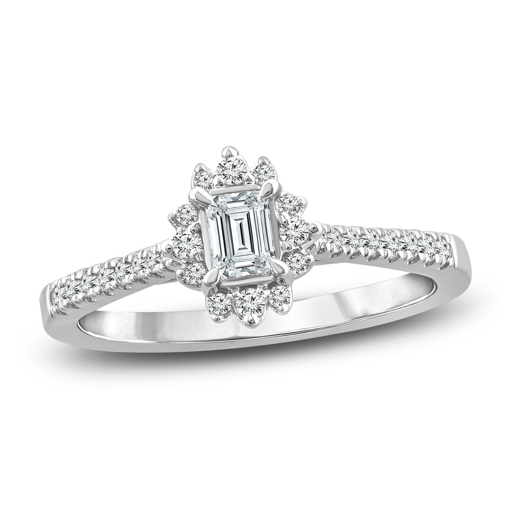 Diamond Halo Engagement Ring 1 ct tw Emerald/Round 14K White Gold Z0AIsx1u