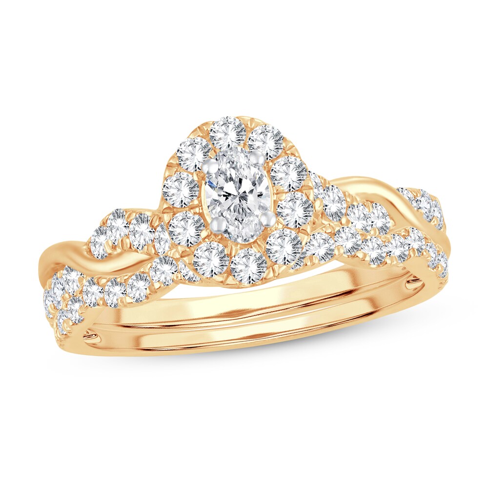 Diamond Bridal Set 1 ct tw Oval/Round-cut 14K Yellow Gold a1Yxbbfn