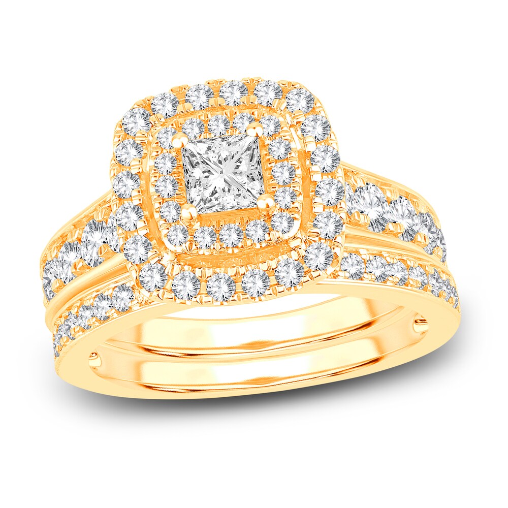 Diamond Double Halo Bridal Set 1-1/2 ct tw Princess/Round 14K Yellow Gold d7A8RzHm