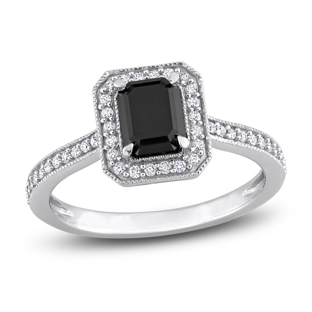 Black & White Diamond Engagement Ring 1 ct tw Emerald/Round 14K White Gold ebVbYZyN [ebVbYZyN]