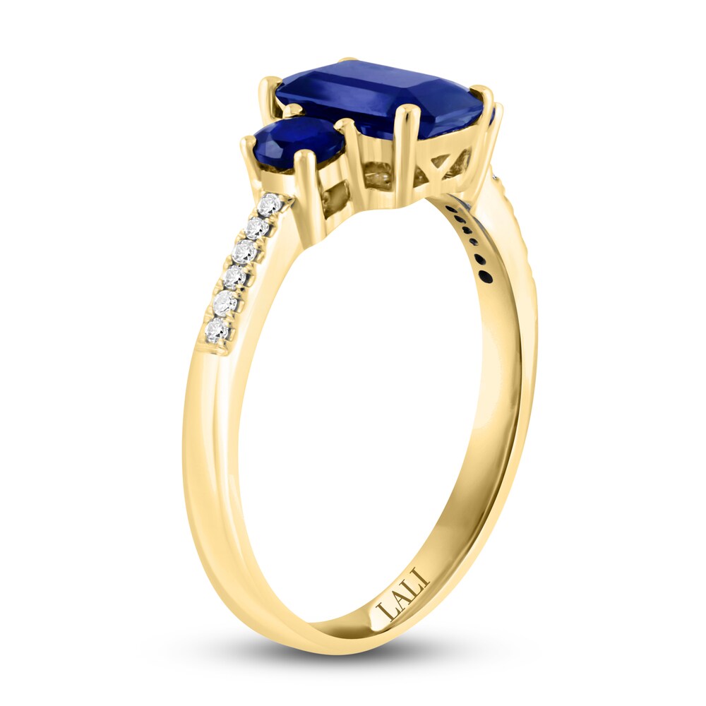 LALI Jewels Natural Blue Sapphire 3-Stone Engagement Ring 1/20 ct tw Diamonds 14K Yellow Gold oS3iPfi2