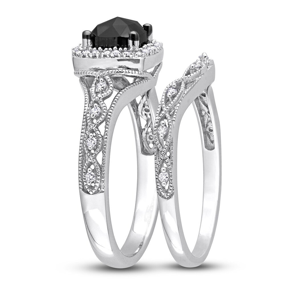 Black & White Diamond Bridal Set 1-1/5 ct tw Cushion/Round 14K White Gold pDYWczzx