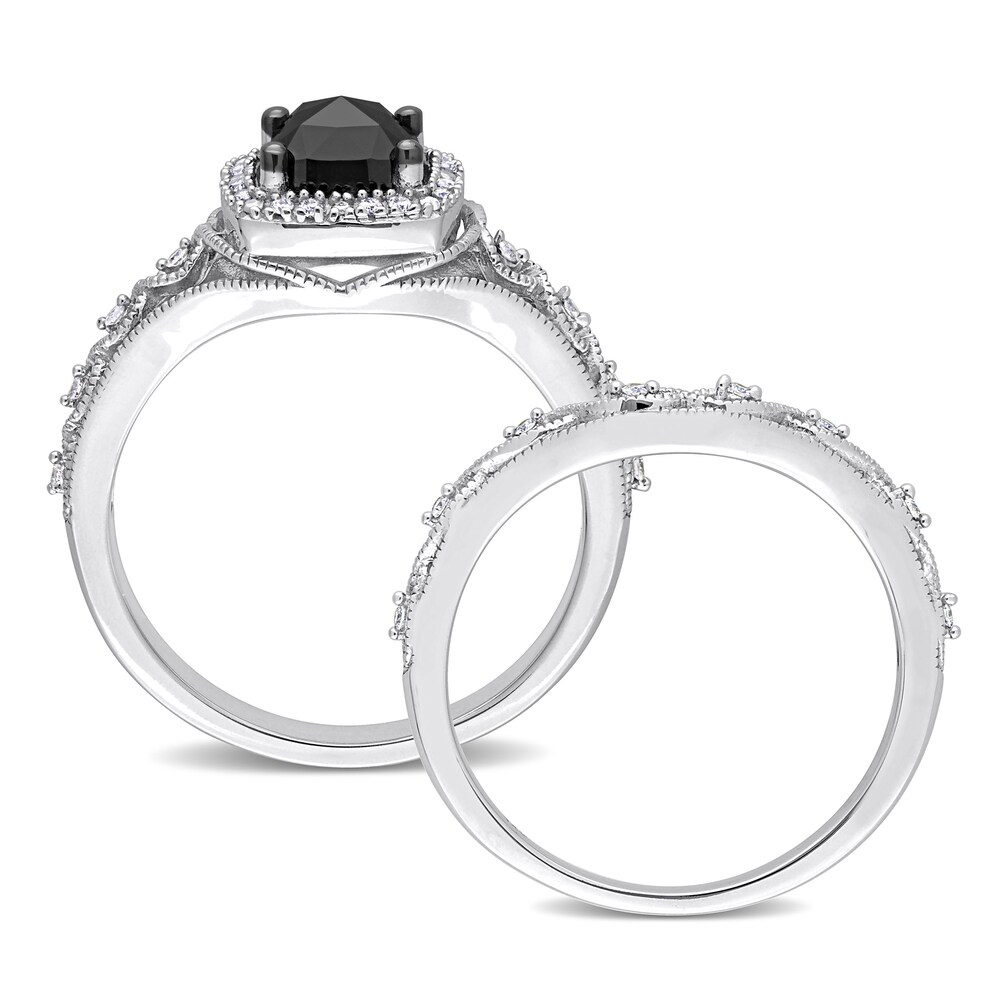 Black & White Diamond Bridal Set 1-1/5 ct tw Cushion/Round 14K White Gold pDYWczzx