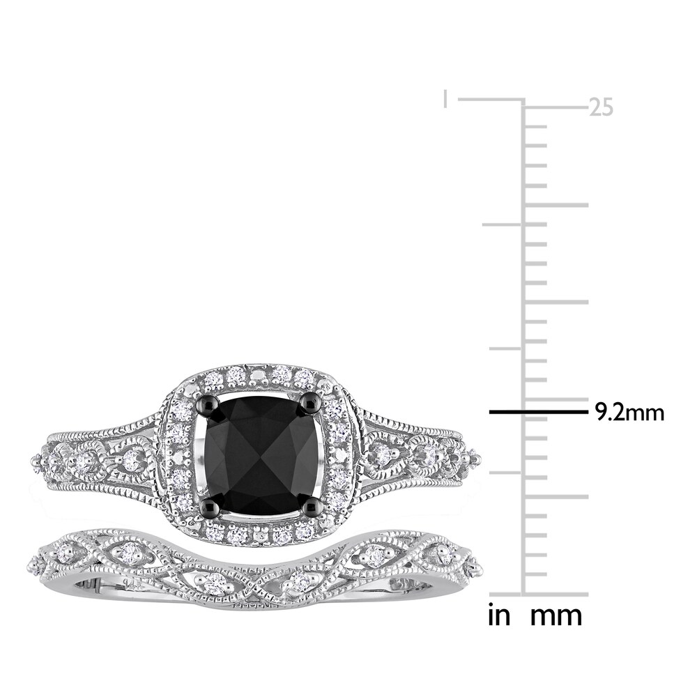 Black & White Diamond Bridal Set 1-1/5 ct tw Cushion/Round 14K White Gold pDYWczzx