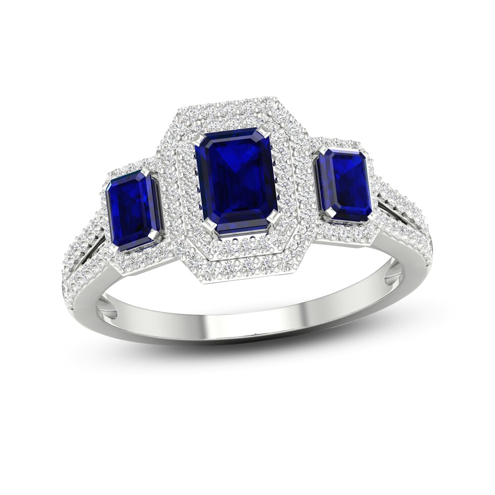 Natural Blue Sapphire Engagement Ring 1/3 ct tw Round/Emerald 14K White Gold q0H5vEXA [q0H5vEXA]