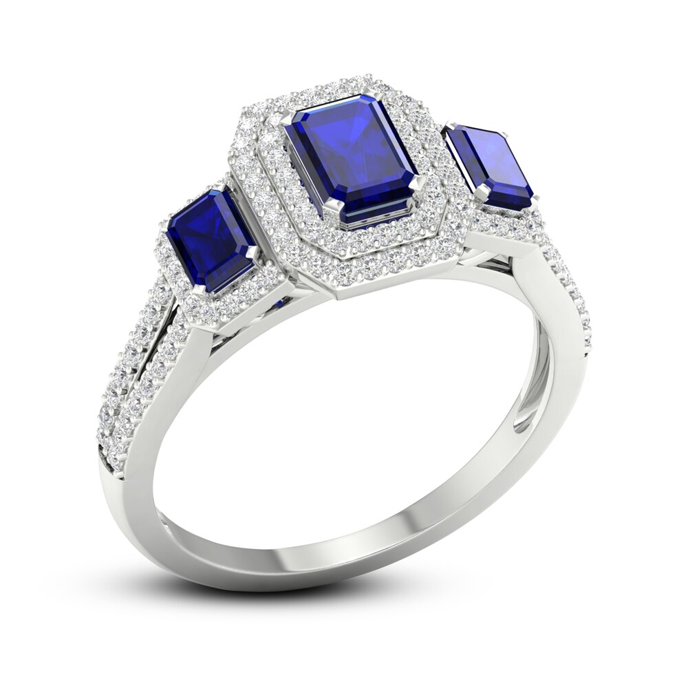 Natural Blue Sapphire Engagement Ring 1/3 ct tw Round/Emerald 14K White Gold q0H5vEXA