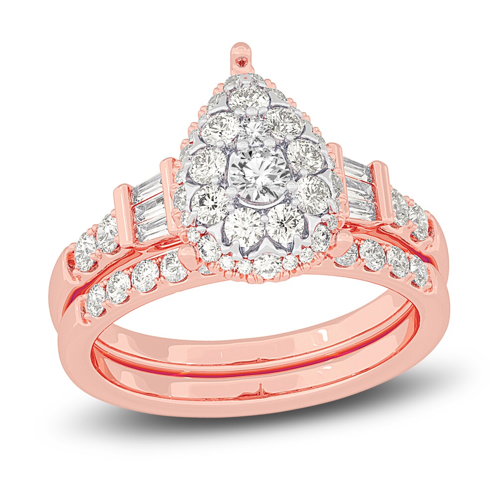 Diamond Halo Bridal Set 1 ct tw Round/Baguette 14K Rose Gold ruyLWt3M [ruyLWt3M]